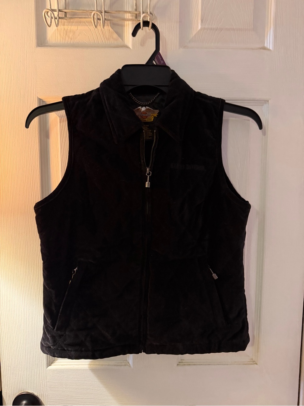 Harley-Davidson Women’s S Black Quilted Velvet Vest 100% Cotton Wing Eagle Y2K